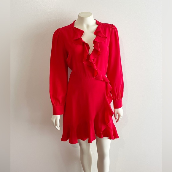 Intermix Dress Aviana Silk Wrap Ruffle Long Sleeve Red Dress - Picture 3 of 13